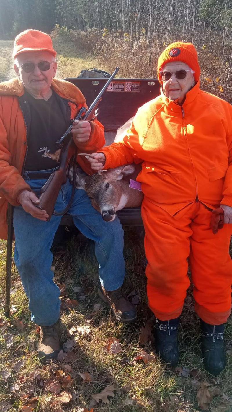Donald Troyer, 88 (pictured with wife Cleta Troyer, 90) shot his buck 8:30AM opening Day on his property in Fairview, MI 